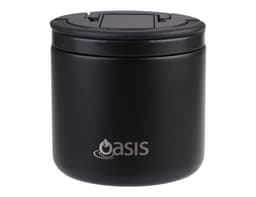 A drink bottle in matte black with a spork attached, featuring a logo on the front.