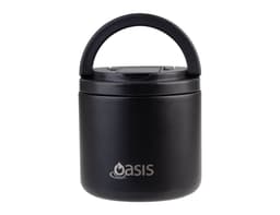 A black vacuum food flask with a handle and spork, featuring a logo on the front.