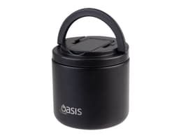 A black vacuum food flask with a handle and a spork included, featuring a logo.