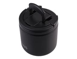 A black vacuum food flask with a handle and a spork attached, featuring a logo on the side.