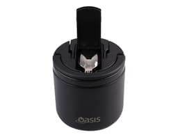 A black vacuum food flask with a spork attached to the lid and a logo on the front.