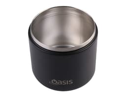 A vacuum food flask in matte black with a stainless steel interior and a logo. A spork is included with the product.