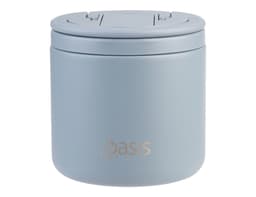 A drink bottle in light blue, featuring a lid and a spork, with a logo on the front.