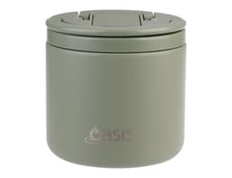 A drink bottle and food flask in olive green with a matching spork; features a lid and a logo.