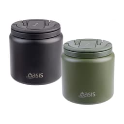 A food flask featuring a quick-release lid, available in black and olive green, with a spork included. It has a logo.