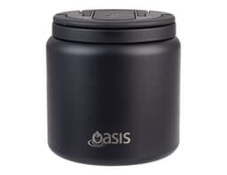 A black food flask with a quick release lid and spork, featuring a logo on the front.