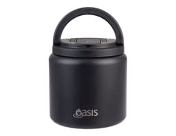 A food flask in matte black with a quick release lid, spork, and a carry handle. It features a logo.