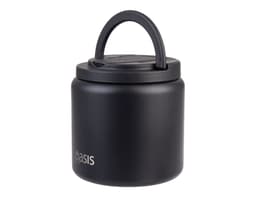 A food flask in matte black with a quick-release lid and a handle, featuring a spork included.