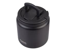 A food flask in matte black with a quick release lid, spork included, featuring a handle and a logo.