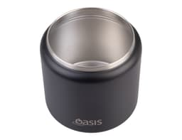 A food flask in matte black with a stainless steel interior, featuring a spork and a quick release lid.