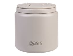 A food flask with a quick-release lid and spork, in a light beige colour, featuring a logo.