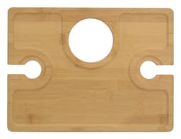 A bamboo picnic board featuring a circular cutout and two cup holders, ideal for outdoor dining.