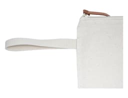 A cream-coloured conference bag with a zip closure and a fabric handle, featuring a branding logo.