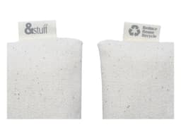 A white calico conference bag with two fabric tags, one featuring a logo, and the other promoting recycling.