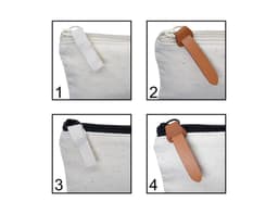 A light-coloured fabric bag with a zip closure and leather strap, featuring different views of the zipper.