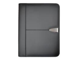 A black leather A4 zip portfolio featuring a sleek design and metal accent, equipped with a logo.