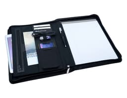 A black leather zip portfolio featuring compartments for documents, a notepad, tech accessories, and a pen.