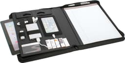 A black A4 zip portfolio featuring compartments for a tablet, accessories, a notepad, and a pen.
