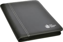 A black A4 zip portfolio with a textured finish and a logo on the front.