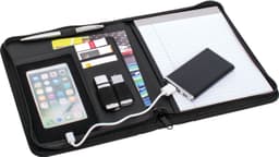 An A5 zip portfolio in black, featuring a notepad, card slots, USB drives, and a power bank with charging cable.