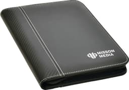 A black A5 zip portfolio with a textured finish and a logo on the front, featuring white stitching.