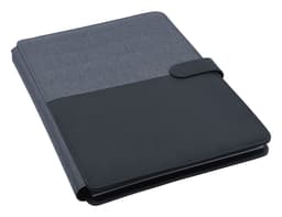 A black and charcoal portfolio with a smooth cover and textured finish, featuring a closure flap.