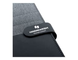 A black and charcoal A4 portfolio featuring a logo and an elastic closure. Suitable for office and business use.