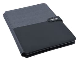 A portfolio in black and charcoal featuring a textured cover and a clip with branding. Ideal for office use.