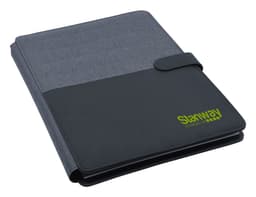 A grey and black A4 portfolio featuring a textured fabric design and a logo on the cover.