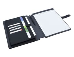 A black and charcoal A4 portfolio with card slots, a notepad, and a pen holder. It features a logo.