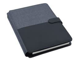 A black and charcoal A5 portfolio with a textured cover and a clasp closure, featuring a logo.