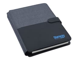 A black and charcoal A5 portfolio with a textured cover and a logo.