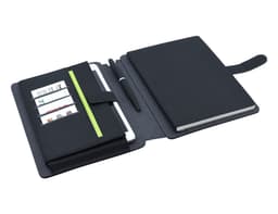 A black and charcoal A5 portfolio featuring card slots, a pen, and a notebook. It has a sleek, organised design.