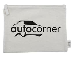 A cream-coloured conference bag with a zip closure and a logo printed on the front.