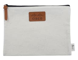 A cream-coloured conference bag with a leather label. It features a zip closure and has a logo on the front.