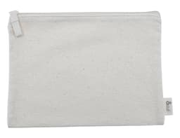 A natural-coloured canvas bag with a zipper, featuring a small logo on the side.