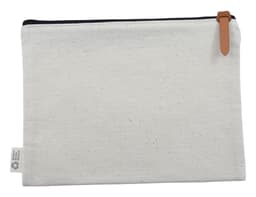 A cream-coloured calico conference bag with a zip closure and a brown leather pull tab, featuring a logo.