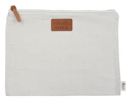 A cream-coloured conference bag with a zip closure and a logo patch. Features a leather zipper pull.