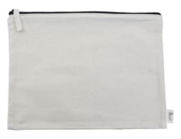 A cream Calico Conference Bag with a black zip, featuring a logo on the side. Measures 25cm x 34cm.
