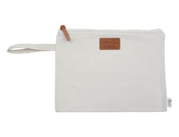 A cream-coloured conference bag with a zip closure and a handle, featuring a logo on a leather patch.