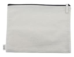 A natural-coloured conference bag with a black zipper and a small logo tag on the side.