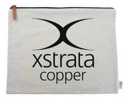 A light-coloured conference bag featuring a logo, with a zip closure and a leather pull tab.