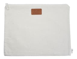 A cream-coloured conference bag with a leather logo patch, featuring a zip closure and a simple design.