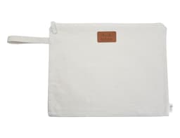 A cream-coloured conference bag with a leather logo patch, featuring a top zipper and a fabric handle.