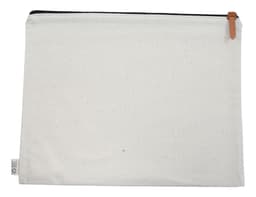 A cream-coloured conference bag with a zip closure and a leather pull tab, featuring a branded label.