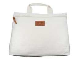 A white calico conference bag with a zipper and a small logo on the front.