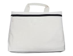 A white calico conference bag with a zip closure and two handles. It features a branding logo.
