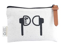 A cream-coloured earphone pouch with a zip and brown leather tag, featuring a simple graphic design.