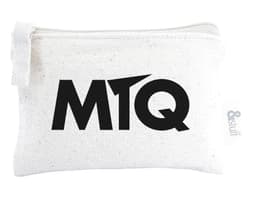 A white calico earphone pouch featuring a prominent black logo. The pouch measures 8.5cm x 13cm.