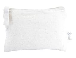 A small white fabric pouch with a zip closure, featuring a logo tag. Ideal for storing earphones or small items.